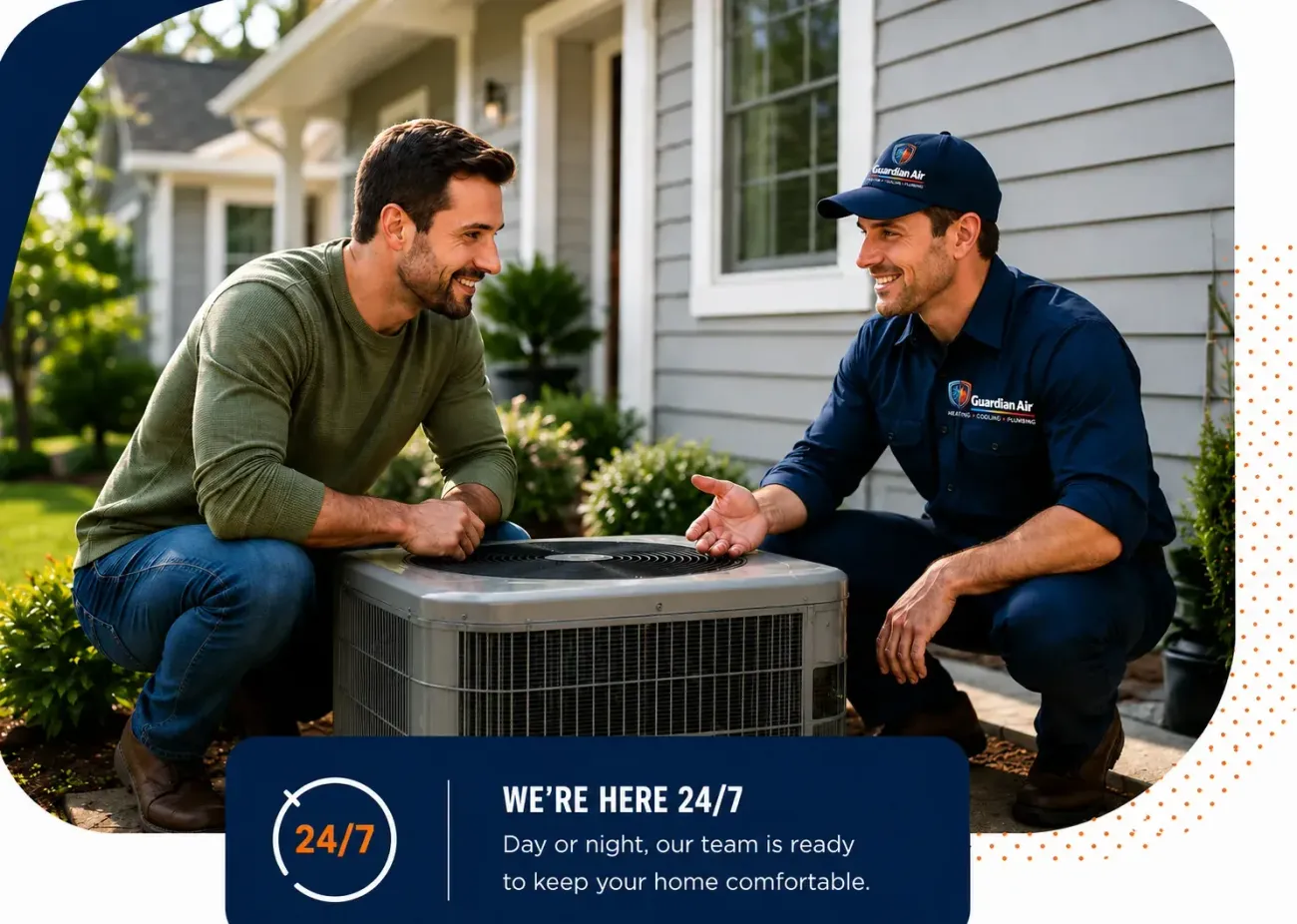 Guardian Air technician with a homeowner at the HVAC unit